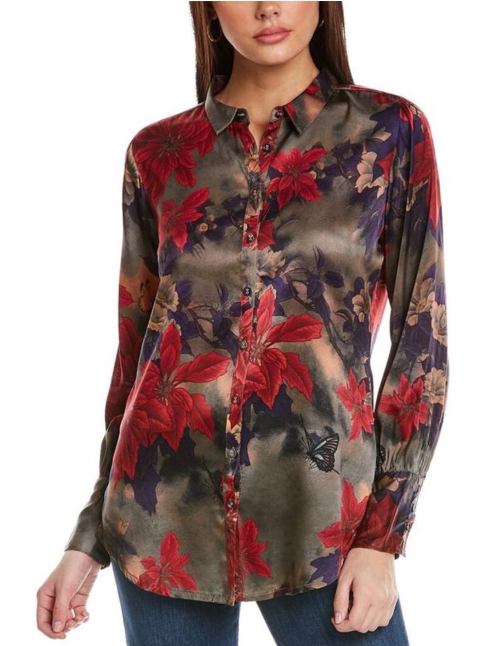 Johnny Was Claret Yrene Silk Floral Button Up NEW